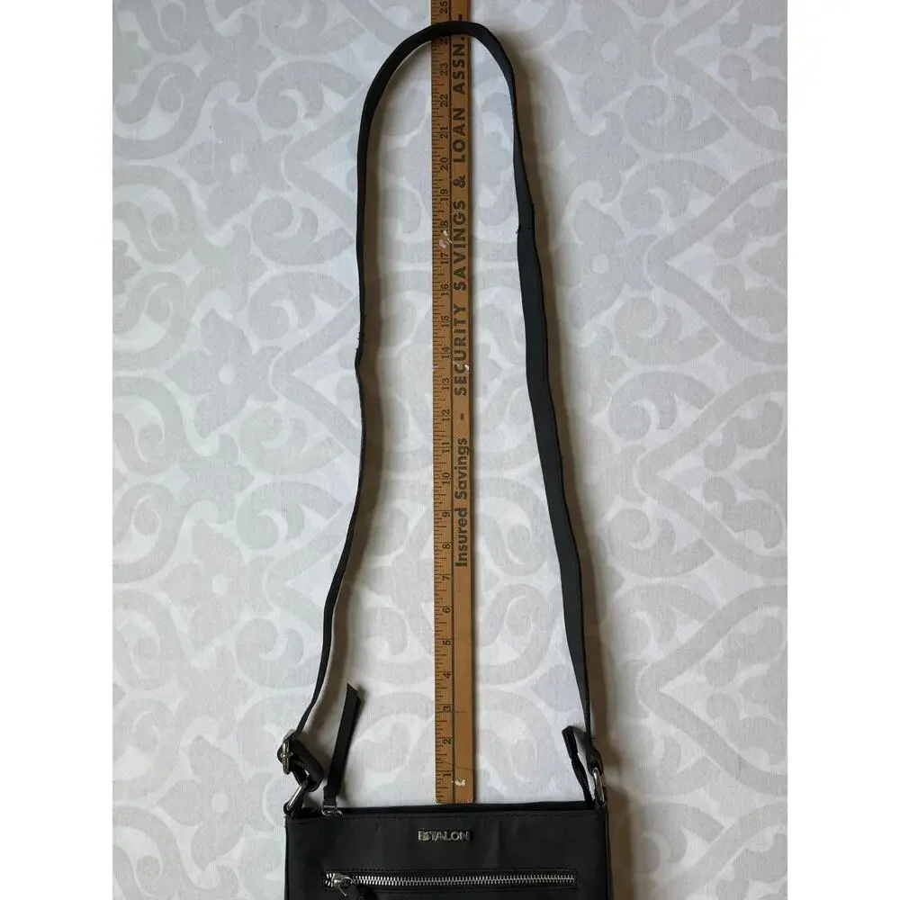 Estalon Black Leather Crossbody Bag Multi Pocket Adjustable Strap Travel Purse